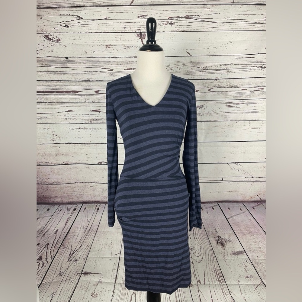 Nicole Miller Artelier Navy Striped Bodycon Dress Petite Rayon Stretch Chic